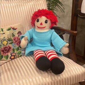 Handmade Knit Rag Doll 25” – Red Yarn Hair & Striped Legs